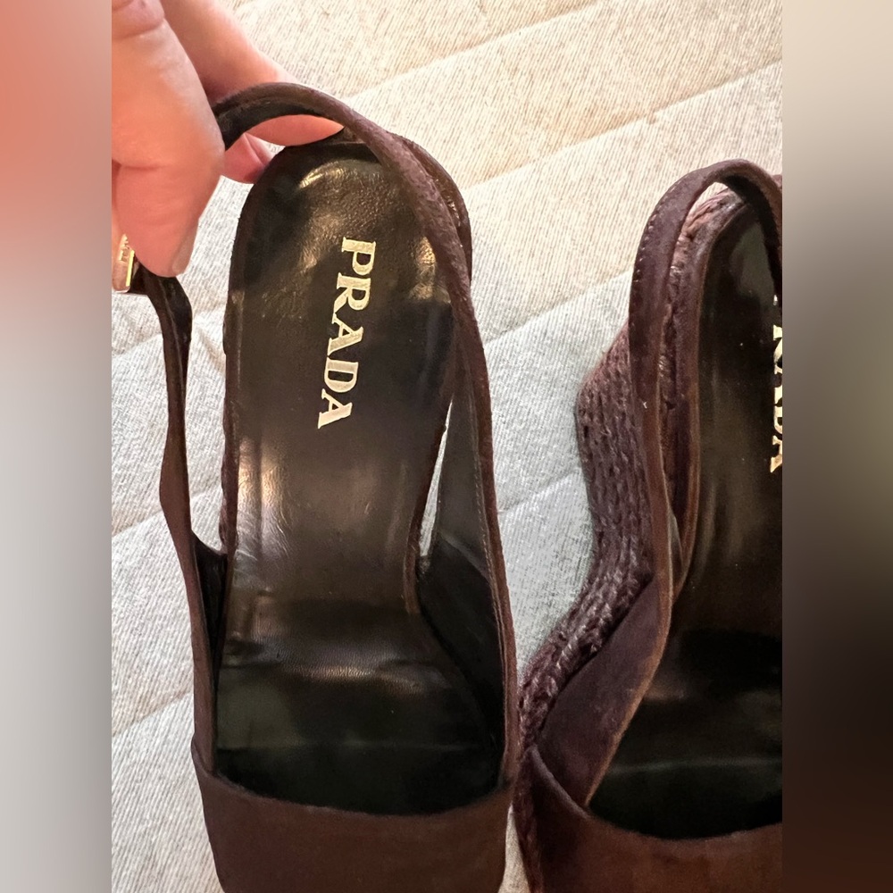 PRADA EU 37 US 7 Brown Suede Sling Back Espadrille Wedge Shoes Orig $1150 - Picture 4 of 11